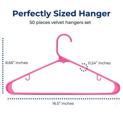 50 Pack Non-Slip Plastic Hangers, Space-Saving, Pink, 360° Swivel Hook
