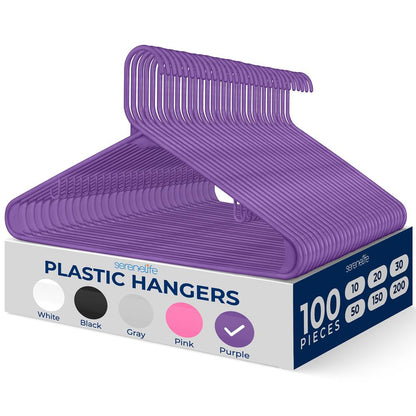 100 Pack Non-Slip Space-Saving Plastic Hangers, Sturdy, Purple