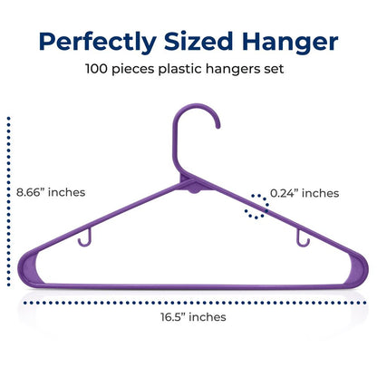 100 Pack Non-Slip Space-Saving Plastic Hangers, Sturdy, Purple