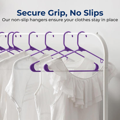100 Pack Non-Slip Space-Saving Plastic Hangers, Sturdy, Purple