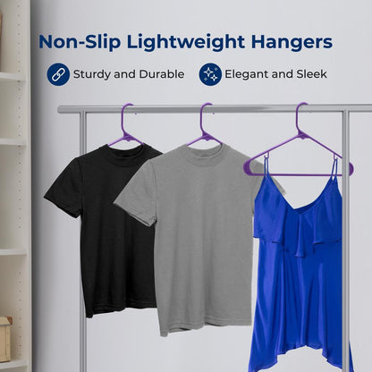 100 Pack Non-Slip Space-Saving Plastic Hangers, Sturdy, Purple