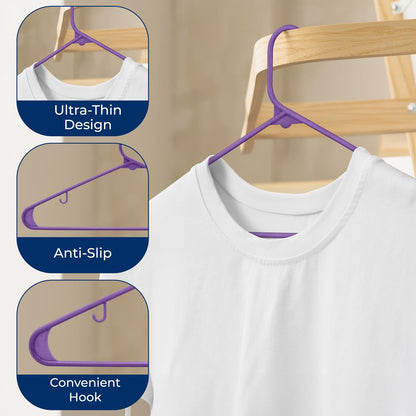 100 Pack Non-Slip Space-Saving Plastic Hangers, Sturdy, Purple
