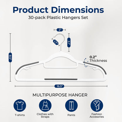 30-Pack Non-Slip Clothes Hangers, Space-Saving ABS Plastic, White