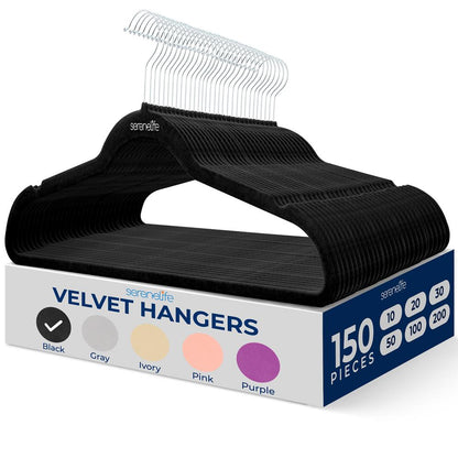 Velvet Non-Slip Hangers 150-Pack, Heavy Duty, 360° Swivel Hook, Black