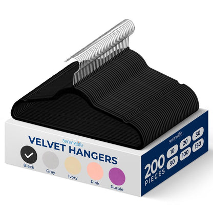 200-Pack Velvet Hangers Non-Slip 360° Swivel Hook Space-Saving Black