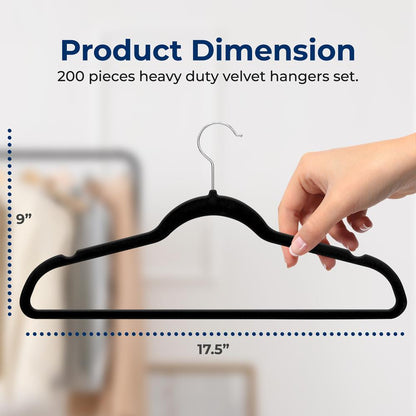 200-Pack Velvet Hangers Non-Slip 360° Swivel Hook Space-Saving Black