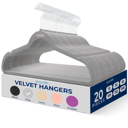 Velvet Hangers 20-Pack, Non-Slip, Space-Saving, 360° Swivel Hook, Gray