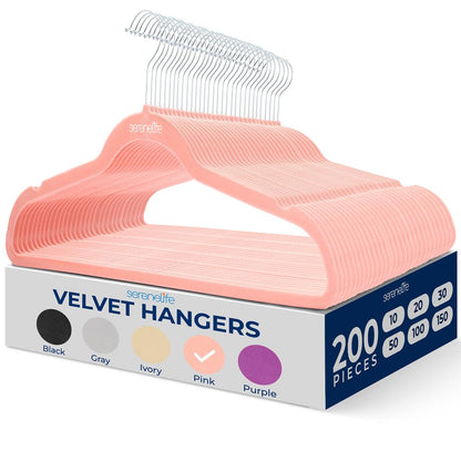 200 Velvet Hangers Non-Slip Space-Saving 360° Swivel Hook Pink