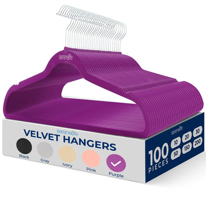 Velvet Hangers 100-Pack, Non-Slip, Space-Saving, 360° Swivel, Purple