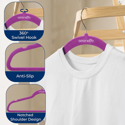 50 Pack Velvet Hangers - Non-Slip, Space-Saving, 360° Swivel Hook, Purple
