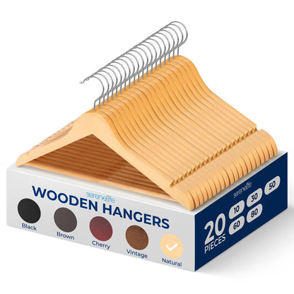 Wooden Coat Hangers 20 Pack, Durable 360° Swivel Hook, Natural Wood