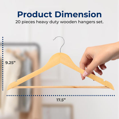 Wooden Coat Hangers 20 Pack, Durable 360° Swivel Hook, Natural Wood