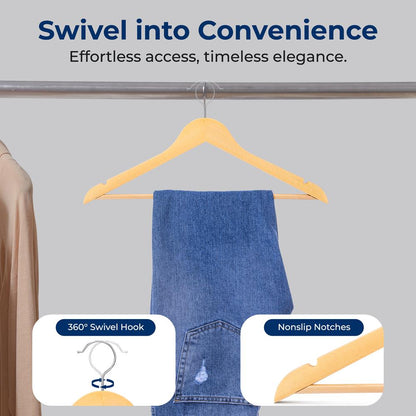 Wooden Coat Hangers 20 Pack, Durable 360° Swivel Hook, Natural Wood