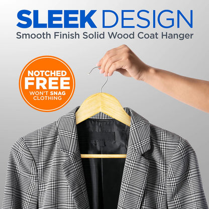 30-Pack Heavy Duty Wooden Hangers - 360° Swivel Hook, Natural Finish