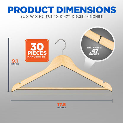 30-Pack Heavy Duty Wooden Hangers - 360° Swivel Hook, Natural Finish