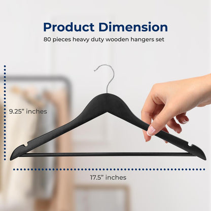 80 Pack Wooden Coat Hangers - Durable, Space-Saving, 360° Swivel Hook