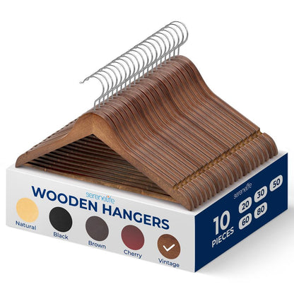 10-Pack Vintage Wooden Hangers - Space-Saving, 360° Swivel Hook