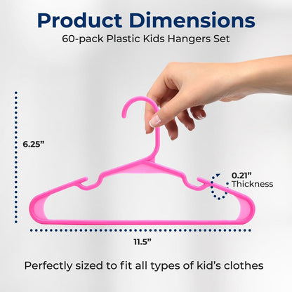 60-Pack Non-Slip Kids Hangers, Space-Saving, Durable Plastic, Pink