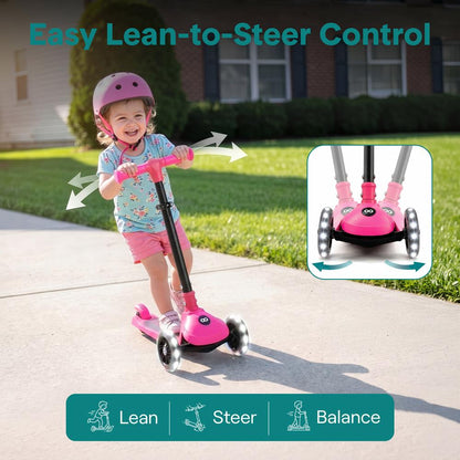 3-Wheel Kids Scooter, Foldable, LED Wheels, Adjustable Handlebar, Pink