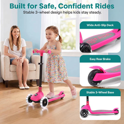 3-Wheel Kids Scooter, Foldable, LED Wheels, Adjustable Handlebar, Pink