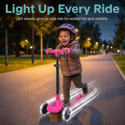 3-Wheel Kids Scooter, Foldable, LED Wheels, Adjustable Handlebar, Pink