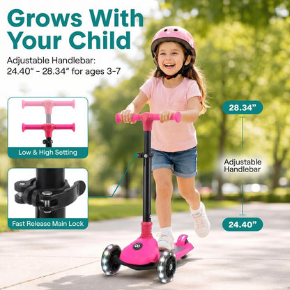 3-Wheel Kids Scooter, Foldable, LED Wheels, Adjustable Handlebar, Pink
