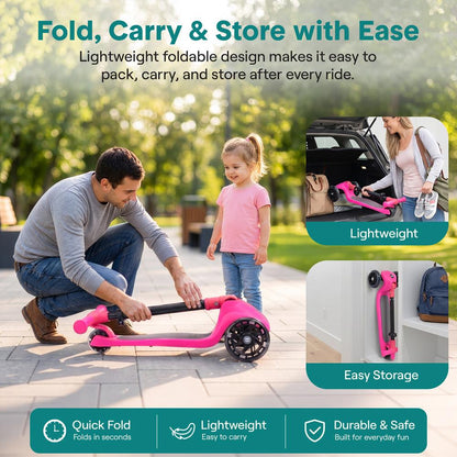 3-Wheel Kids Scooter, Foldable, LED Wheels, Adjustable Handlebar, Pink
