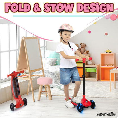 3-Wheel Kids Scooter, Foldable, LED Wheels, Adjustable Handlebar, Red