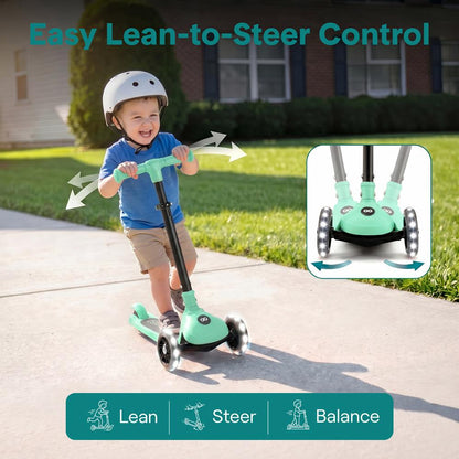 3-Wheel Kids Scooter, Foldable, LED Wheels, Lean-to-Steer, Mint Green