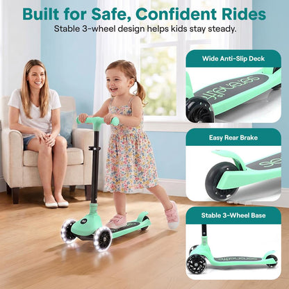 3-Wheel Kids Scooter, Foldable, LED Wheels, Lean-to-Steer, Mint Green
