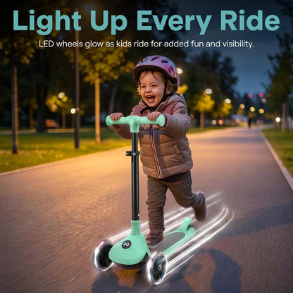 3-Wheel Kids Scooter, Foldable, LED Wheels, Lean-to-Steer, Mint Green