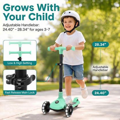 3-Wheel Kids Scooter, Foldable, LED Wheels, Lean-to-Steer, Mint Green