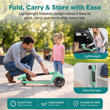 3-Wheel Kids Scooter, Foldable, LED Wheels, Lean-to-Steer, Mint Green