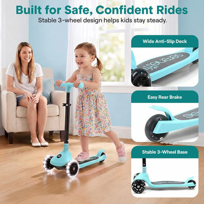 3-Wheel Foldable Kids Scooter - Child Toy Scooter With Built-In Led Wheel Lights, And Easy Maneuvering Lean-To-Steer Technology (Turquoise Blue)