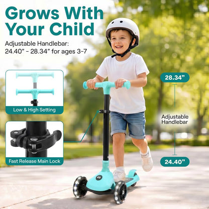 3-Wheel Foldable Kids Scooter - Child Toy Scooter With Built-In Led Wheel Lights, And Easy Maneuvering Lean-To-Steer Technology (Turquoise Blue)