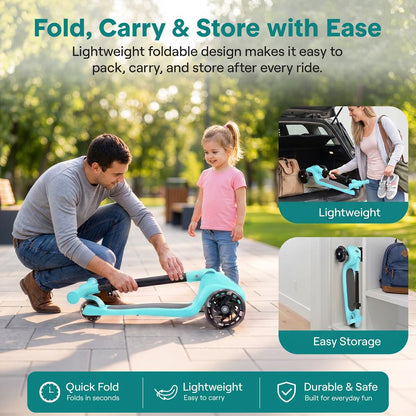 3-Wheel Foldable Kids Scooter - Child Toy Scooter With Built-In Led Wheel Lights, And Easy Maneuvering Lean-To-Steer Technology (Turquoise Blue)
