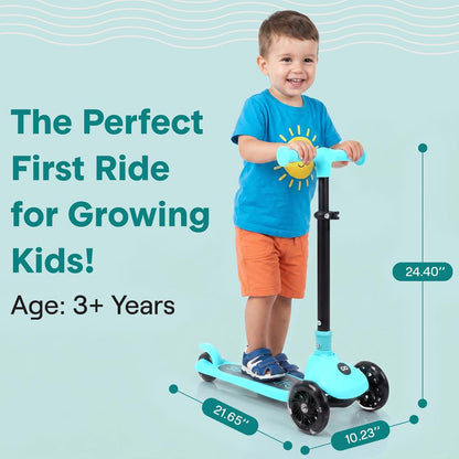 3-Wheel Foldable Kids Scooter - Child Toy Scooter With Built-In Led Wheel Lights, And Easy Maneuvering Lean-To-Steer Technology (Turquoise Blue)