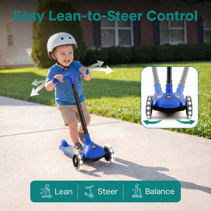 3-Wheel Foldable Kids Scooter - Child Toy Scooter With Built-In Led Wheel Lights, And Easy Maneuvering Lean-To-Steer Technology (Blue)