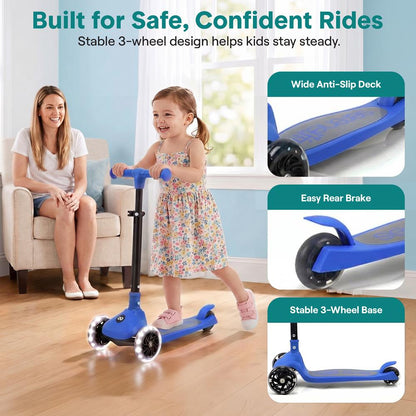 3-Wheel Foldable Kids Scooter - Child Toy Scooter With Built-In Led Wheel Lights, And Easy Maneuvering Lean-To-Steer Technology (Blue)