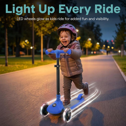 3-Wheel Foldable Kids Scooter - Child Toy Scooter With Built-In Led Wheel Lights, And Easy Maneuvering Lean-To-Steer Technology (Blue)