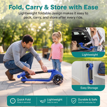3-Wheel Foldable Kids Scooter - Child Toy Scooter With Built-In Led Wheel Lights, And Easy Maneuvering Lean-To-Steer Technology (Blue)