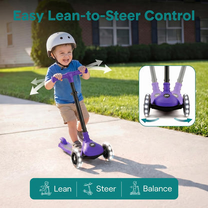 3-Wheel Kids Scooter, Foldable, LED Wheels, Lean-to-Steer, Purple