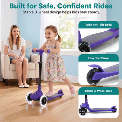 3-Wheel Kids Scooter, Foldable, LED Wheels, Lean-to-Steer, Purple