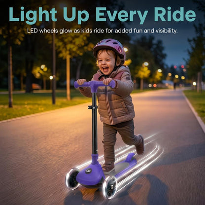 3-Wheel Kids Scooter, Foldable, LED Wheels, Lean-to-Steer, Purple