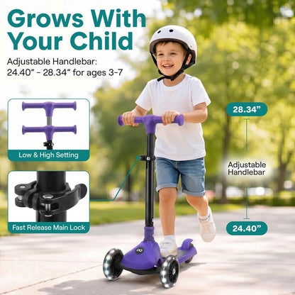 3-Wheel Kids Scooter, Foldable, LED Wheels, Lean-to-Steer, Purple