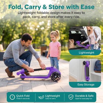 3-Wheel Kids Scooter, Foldable, LED Wheels, Lean-to-Steer, Purple