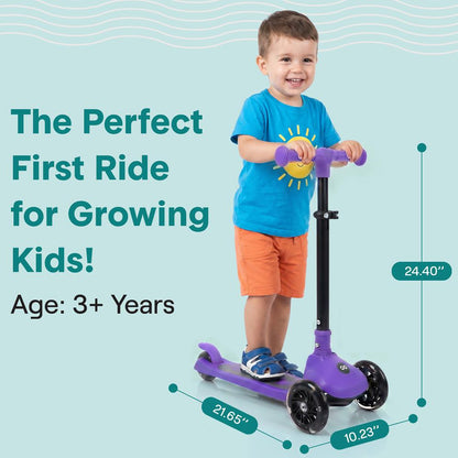 3-Wheel Kids Scooter, Foldable, LED Wheels, Lean-to-Steer, Purple