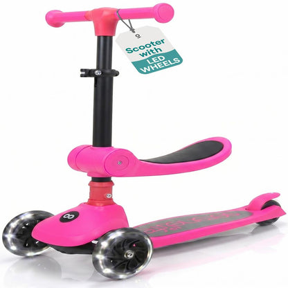 3-Wheel Foldable Kids Scooter - Child Toy Scooter With Built-In Led Wheel Lights, Foldable Seat, And Easy Maneuvering Lean-To-Steer Technology (Pink)