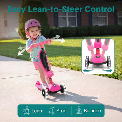 3-Wheel Foldable Kids Scooter - Child Toy Scooter With Built-In Led Wheel Lights, Foldable Seat, And Easy Maneuvering Lean-To-Steer Technology (Pink)