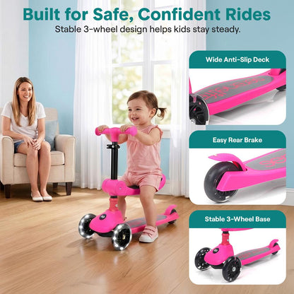 3-Wheel Foldable Kids Scooter - Child Toy Scooter With Built-In Led Wheel Lights, Foldable Seat, And Easy Maneuvering Lean-To-Steer Technology (Pink)